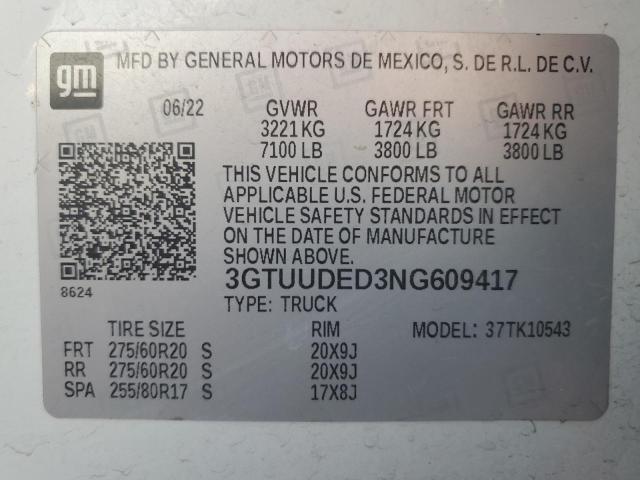 VIN 3GTUUDED3NG609417 2022 GMC Sierra, K1500 Slt no.12