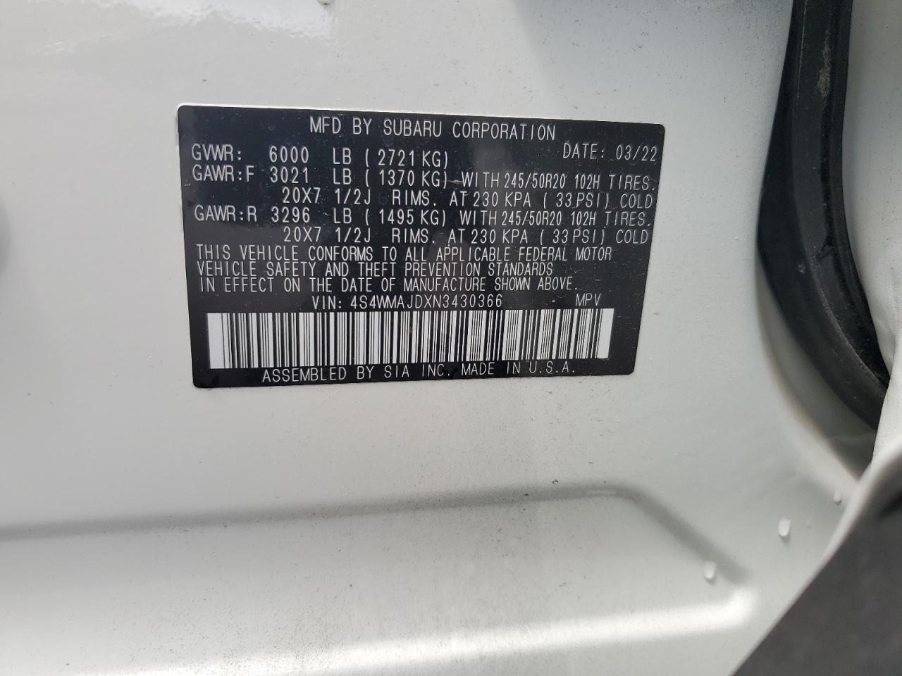 Lot #2955156771 2022 SUBARU ASCENT ONY