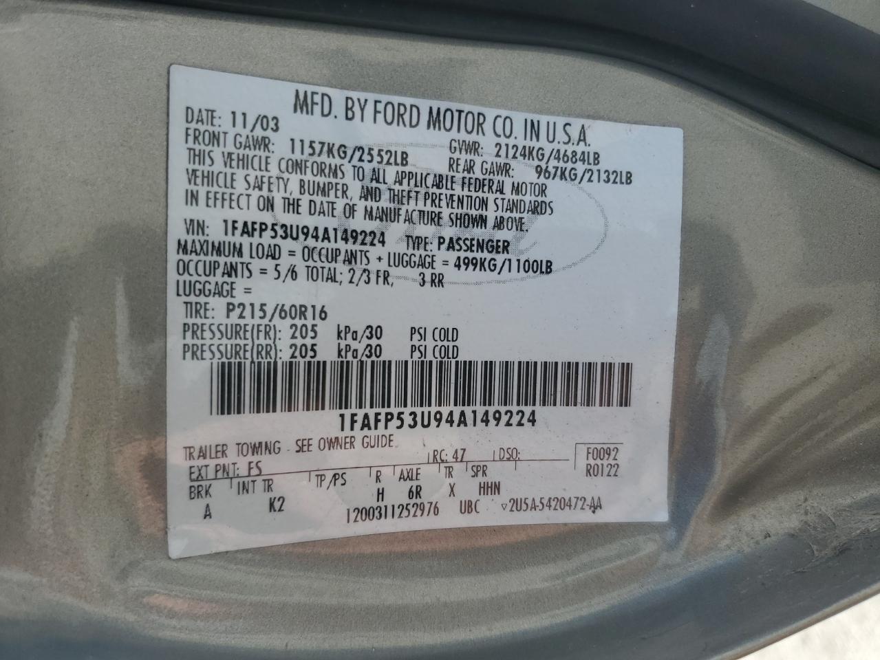 Lot #2845871240 2004 FORD TAURUS SE