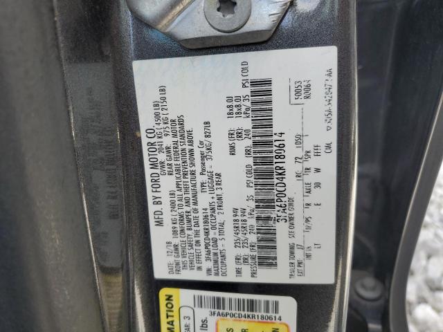 VIN 3FA6P0CD4KR180614 2019 Ford Fusion, Sel no.12