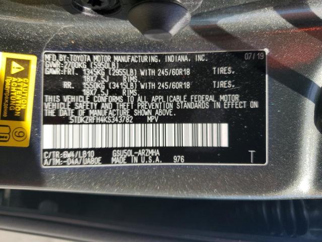 VIN 5TDKZRFH4KS343782 2019 Toyota Highlander, SE no.14