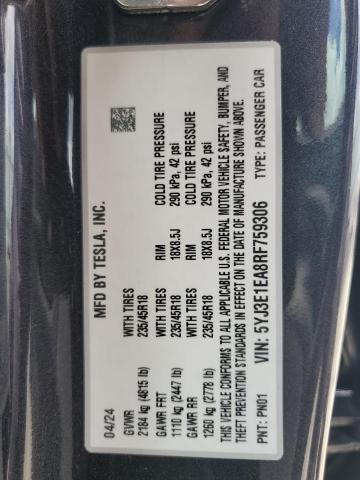 2024 TESLA MODEL 3 - 5YJ3E1EA8RF759306
