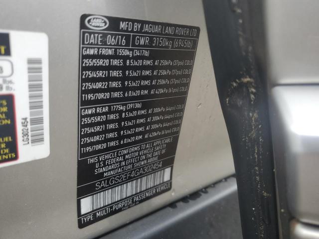 2016 LAND ROVER RANGE ROVE - SALGS2EF4GA302454