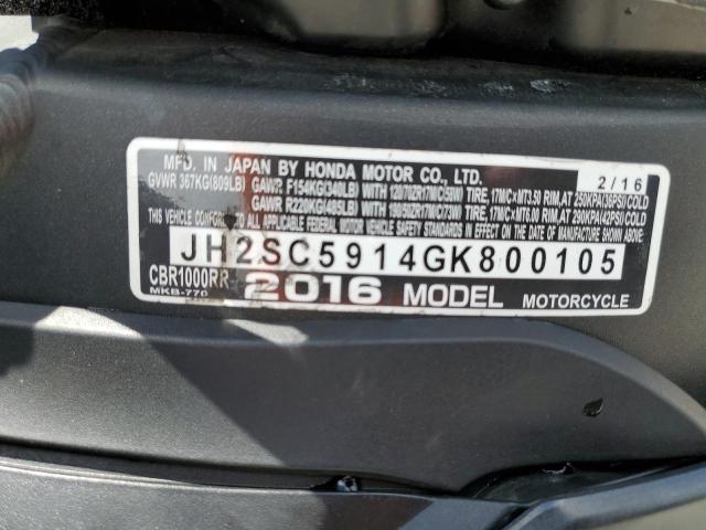 2016 HONDA CBR1000 RR JH2SC5914GK800105