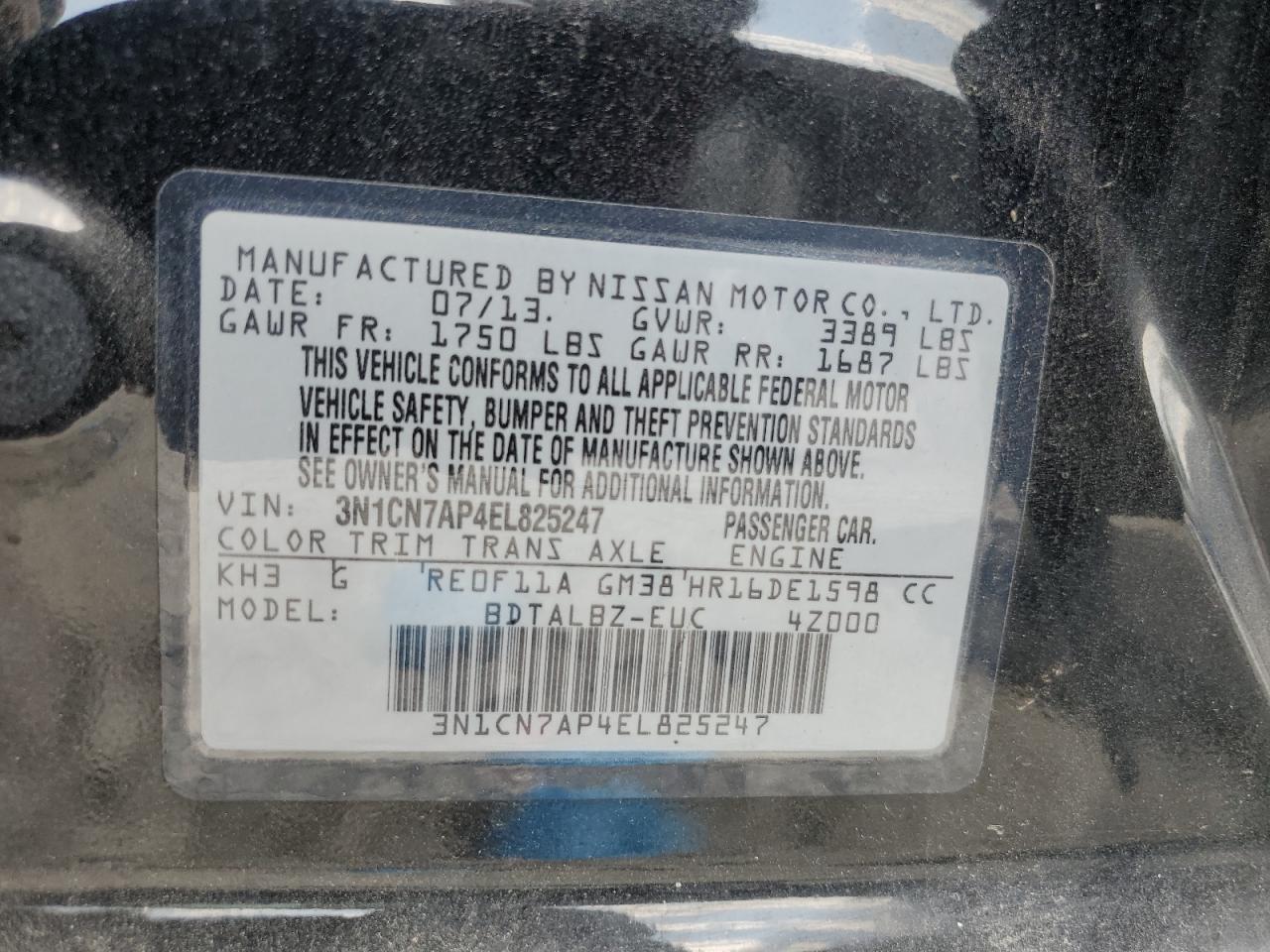 Lot #2791666166 2014 NISSAN VERSA S