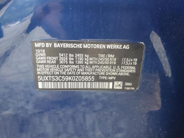 VIN 5UXTS3C59K0Z05855 2019 BMW X3, Xdrivem40I no.13