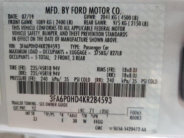 VIN 3FA6P0HD4KR284593 2019 Ford Fusion, SE no.12