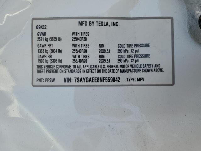 VIN 7SAYGAEE8NF559042 2022 Tesla MODEL Y no.12