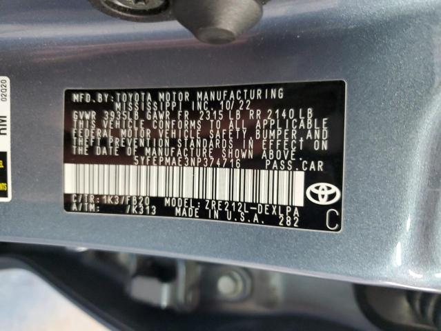 VIN 5YFEPMAE3NP374716 2022 Toyota Corolla, LE no.12