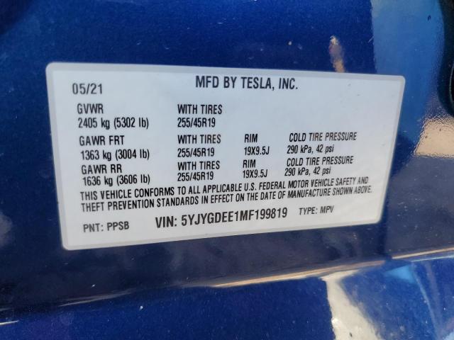 2021 TESLA MODEL Y - 5YJYGDEE1MF199819