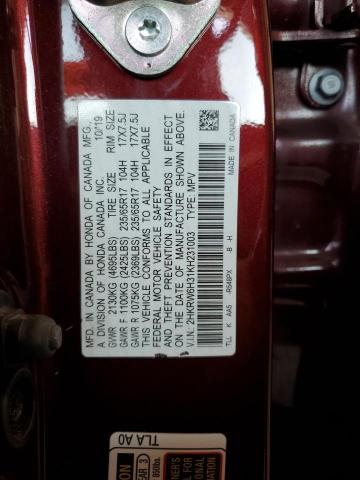 VIN 2HKRW6H31KH231003 2019 HONDA CRV no.13