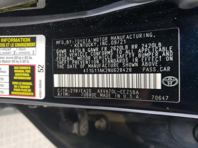 VIN 4T1G11AK2NU628428 2022 Toyota Camry, SE no.12