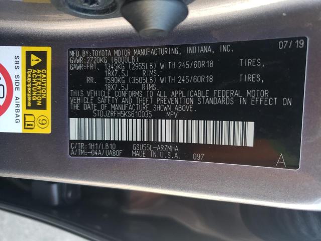 2019 TOYOTA HIGHLANDER - 5TDJZRFH5KS610035