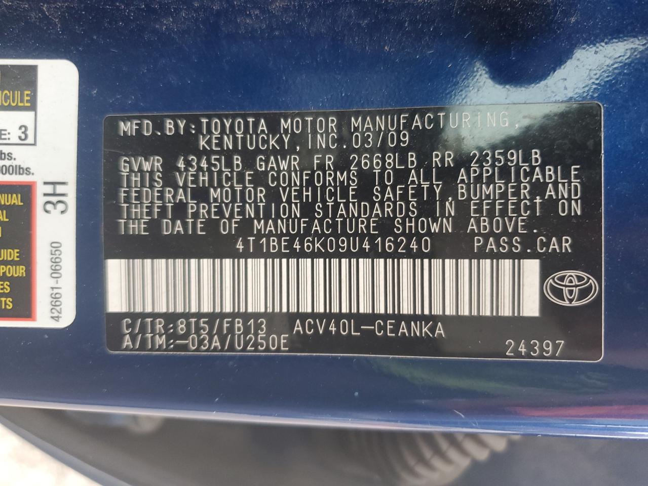 Lot #2855654140 2009 TOYOTA CAMRY BASE