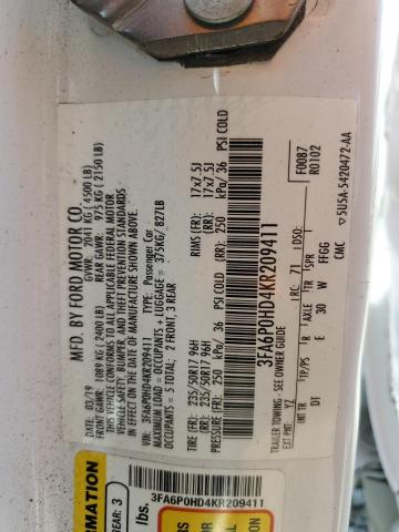 VIN 3FA6P0HD4KR209411 2019 Ford Fusion, SE no.12