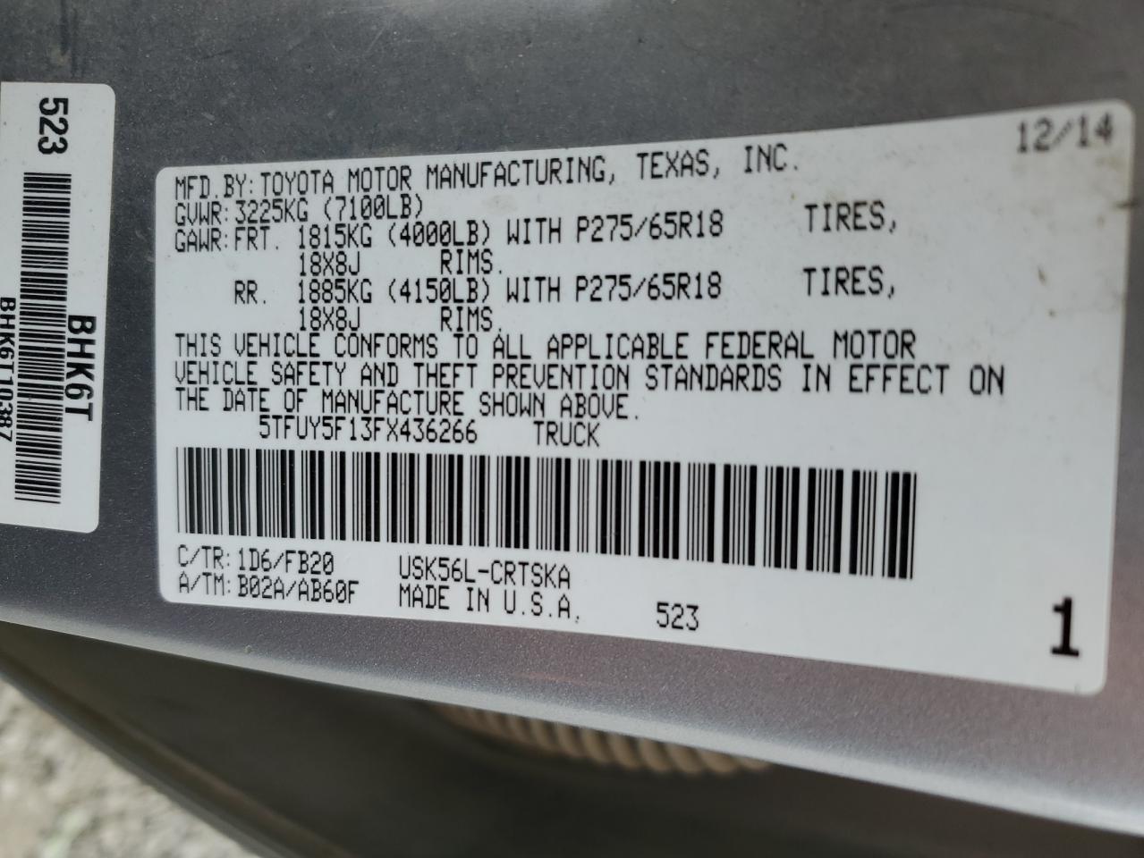 Lot #2907598594 2015 TOYOTA TUNDRA DOU