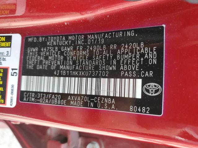 VIN 4T1B11HKXKU737702 2019 Toyota Camry, L no.12