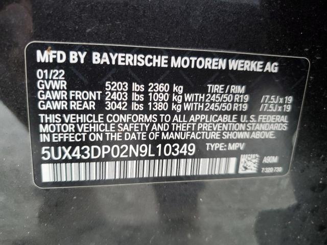 VIN 5UX43DP02N9L10349 2022 BMW X3, Sdrive30I no.12