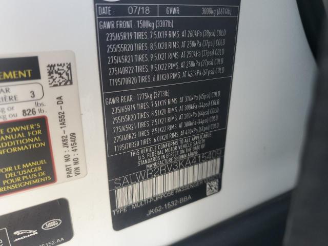 2019 LAND ROVER RANGE ROVE - SALWR2RV3KA415409