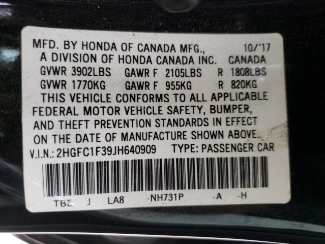 VIN 2HGFC1F39JH640909 2018 Honda Civic, EX no.12