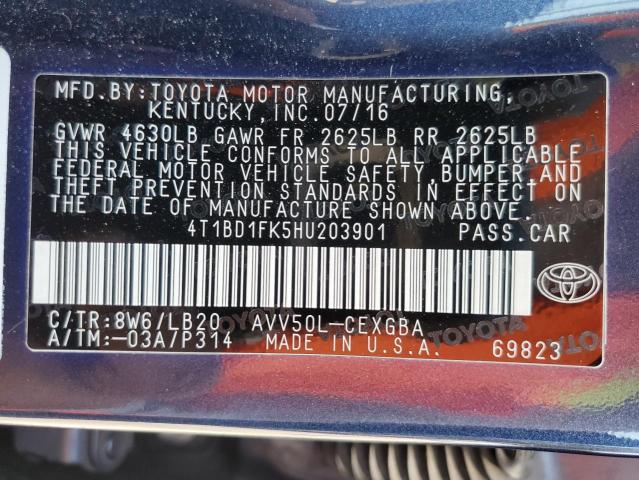 VIN 4T1BD1FK5HU203901 2017 Toyota Camry, Hybrid no.12