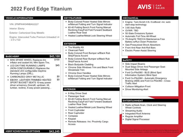 2022 FORD EDGE TITAN - 2FMPK4K94NBA52227