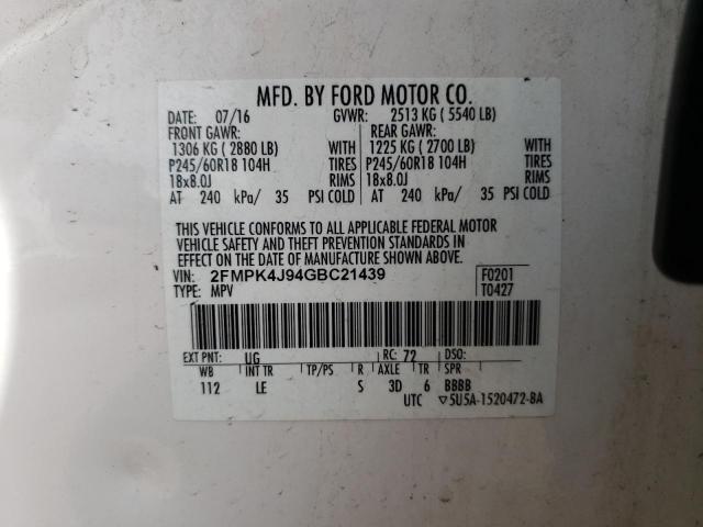 VIN 2FMPK4J94GBC21439 2016 Ford Edge, Sel no.13