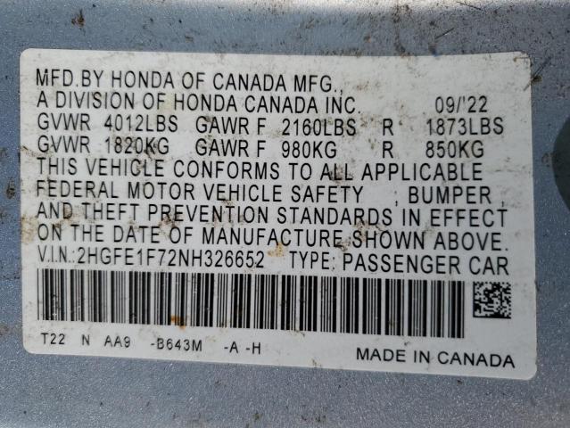 2022 HONDA CIVIC EX - 2HGFE1F72NH326652