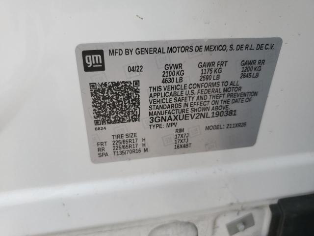 2022 CHEVROLET EQUINOX LT - 3GNAXUEV2NL190381