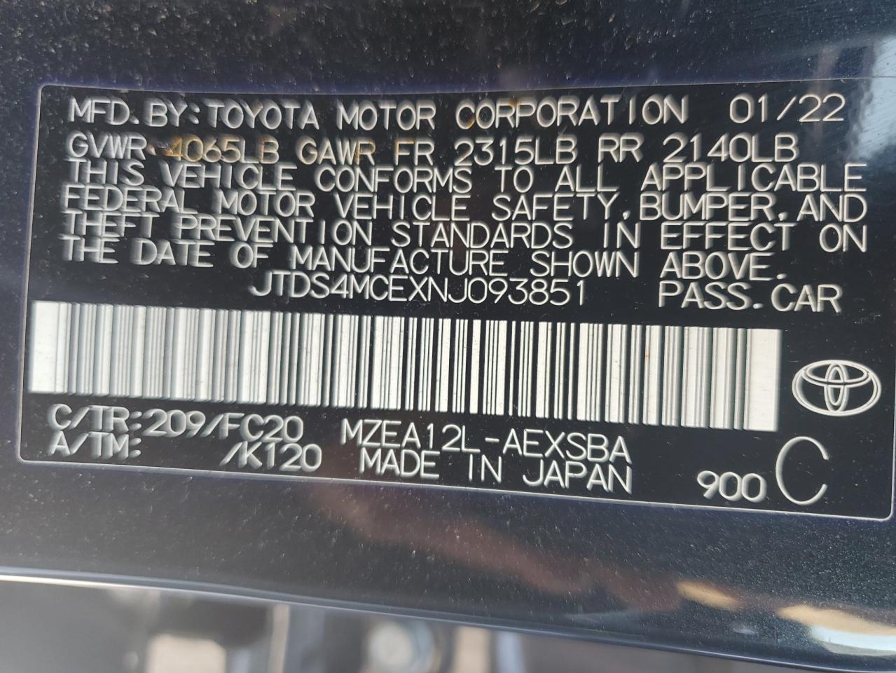 Lot #3009159270 2022 TOYOTA COROLLA SE