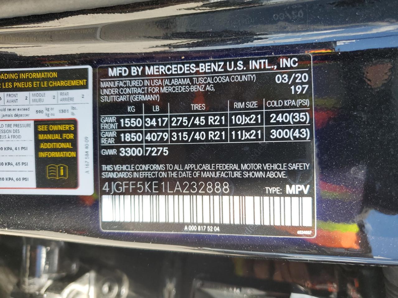 Lot #2960061069 2020 MERCEDES-BENZ GLS 450 4M