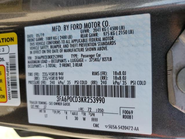 VIN 3FA6P0CD3KR253990 2019 Ford Fusion, Sel no.12