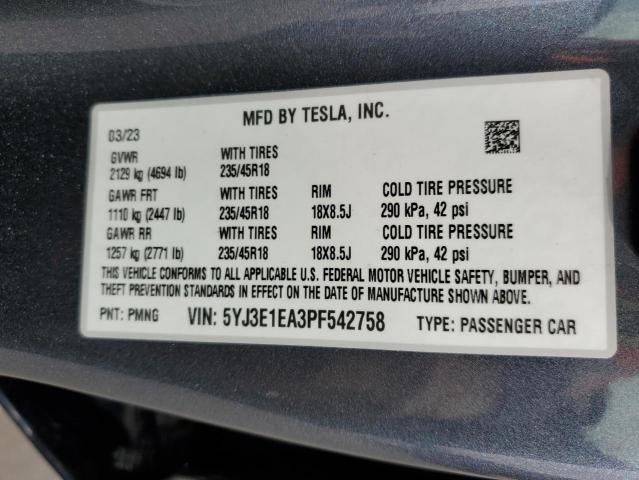 VIN 5YJ3E1EA3PF542758 2023 Tesla MODEL 3 no.12