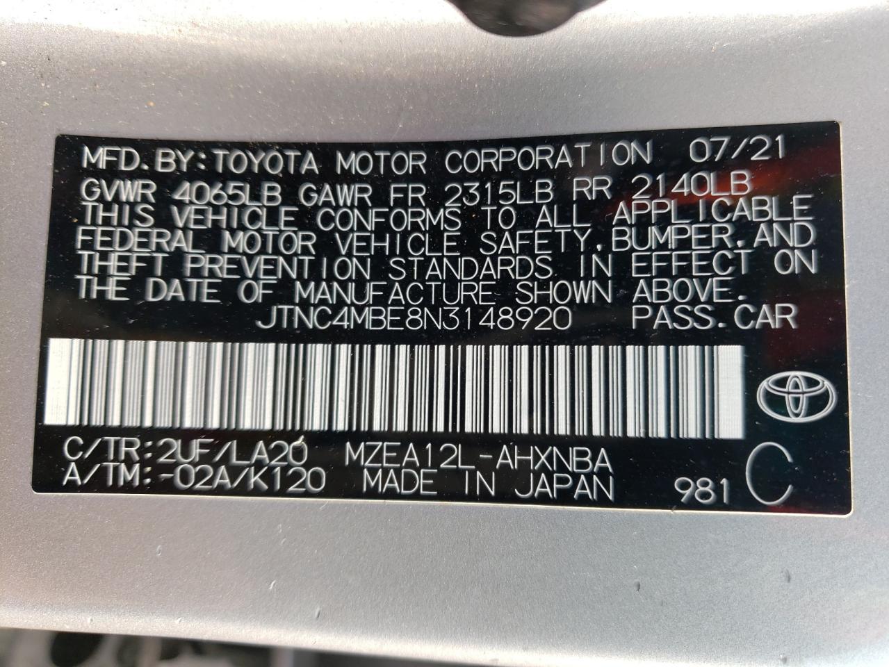 Lot #2921061461 2022 TOYOTA COROLLA XS