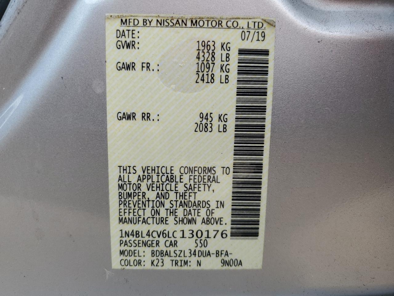 Lot #2955594872 2020 NISSAN ALTIMA SR