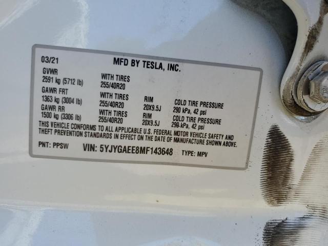 VIN 5YJYGAEE8MF143648 2021 Tesla MODEL Y no.12