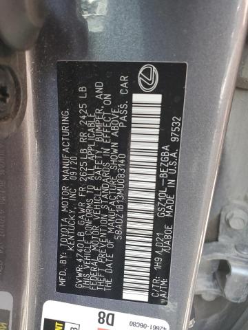 VIN 58ADZ1B13MU083140 2021 Lexus ES, 350 Base no.12