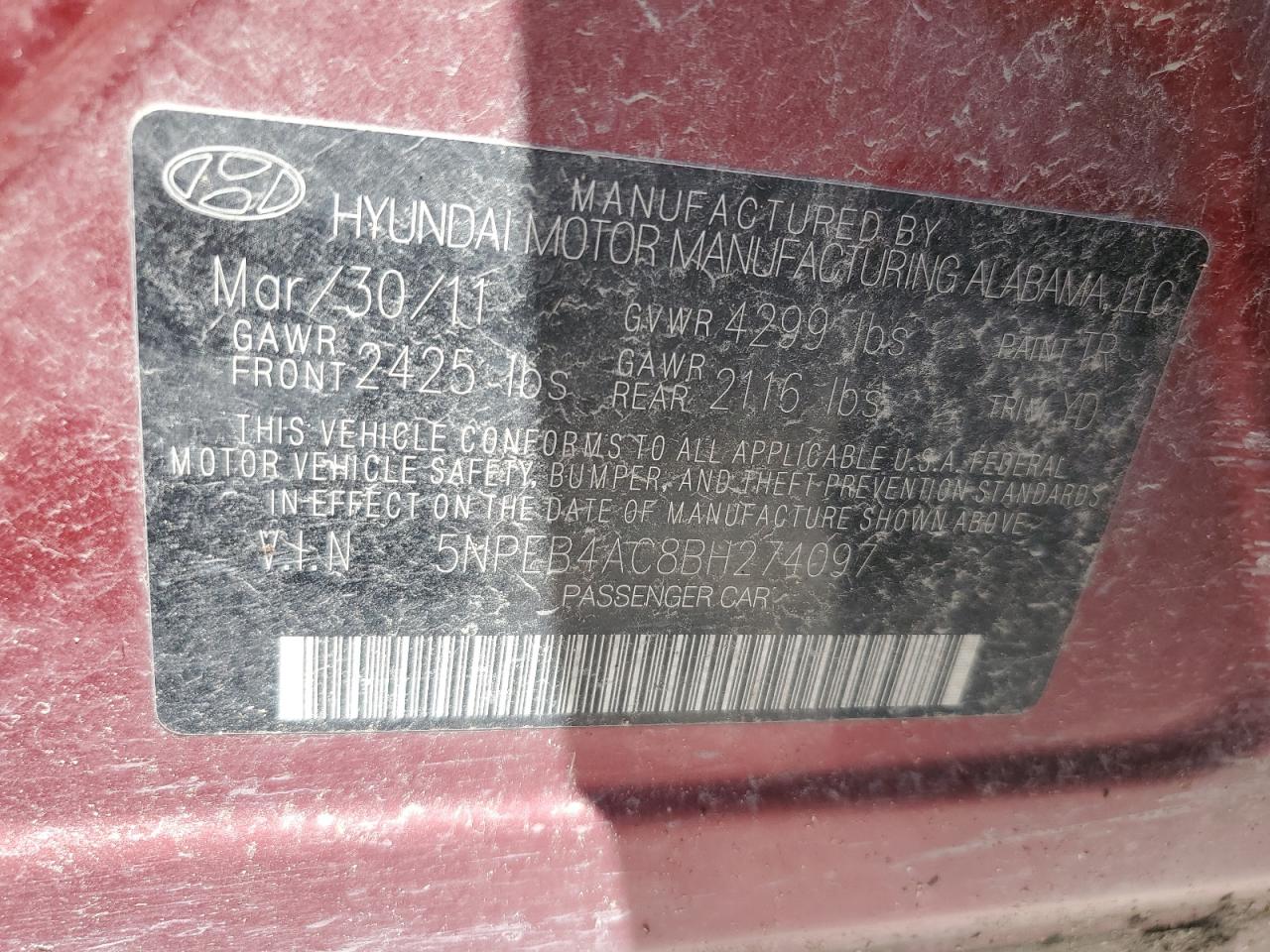 Lot #2914723569 2011 HYUNDAI SONATA GLS