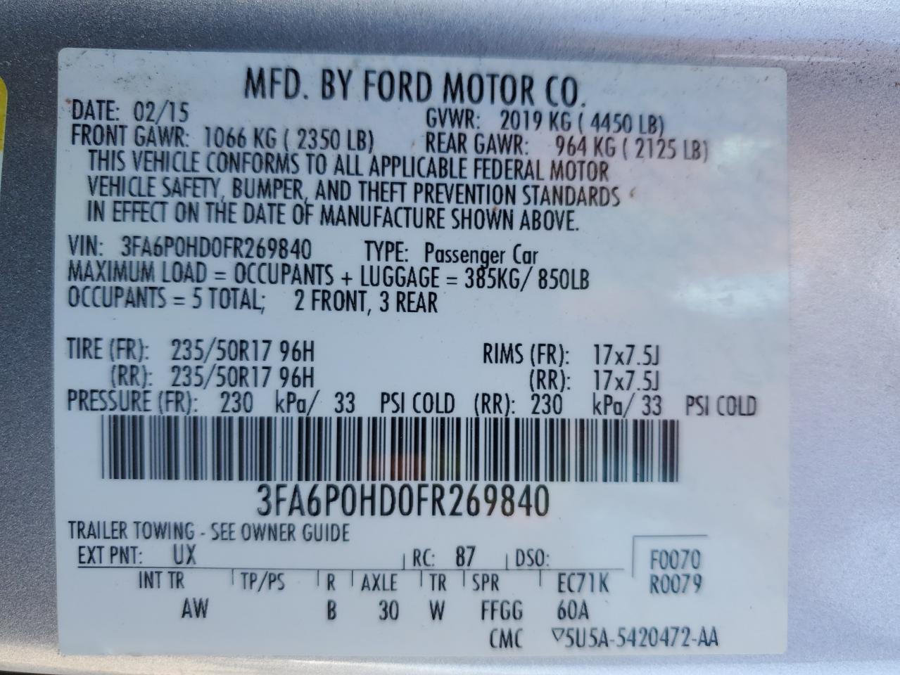 Lot #3003390119 2015 FORD FUSION SE