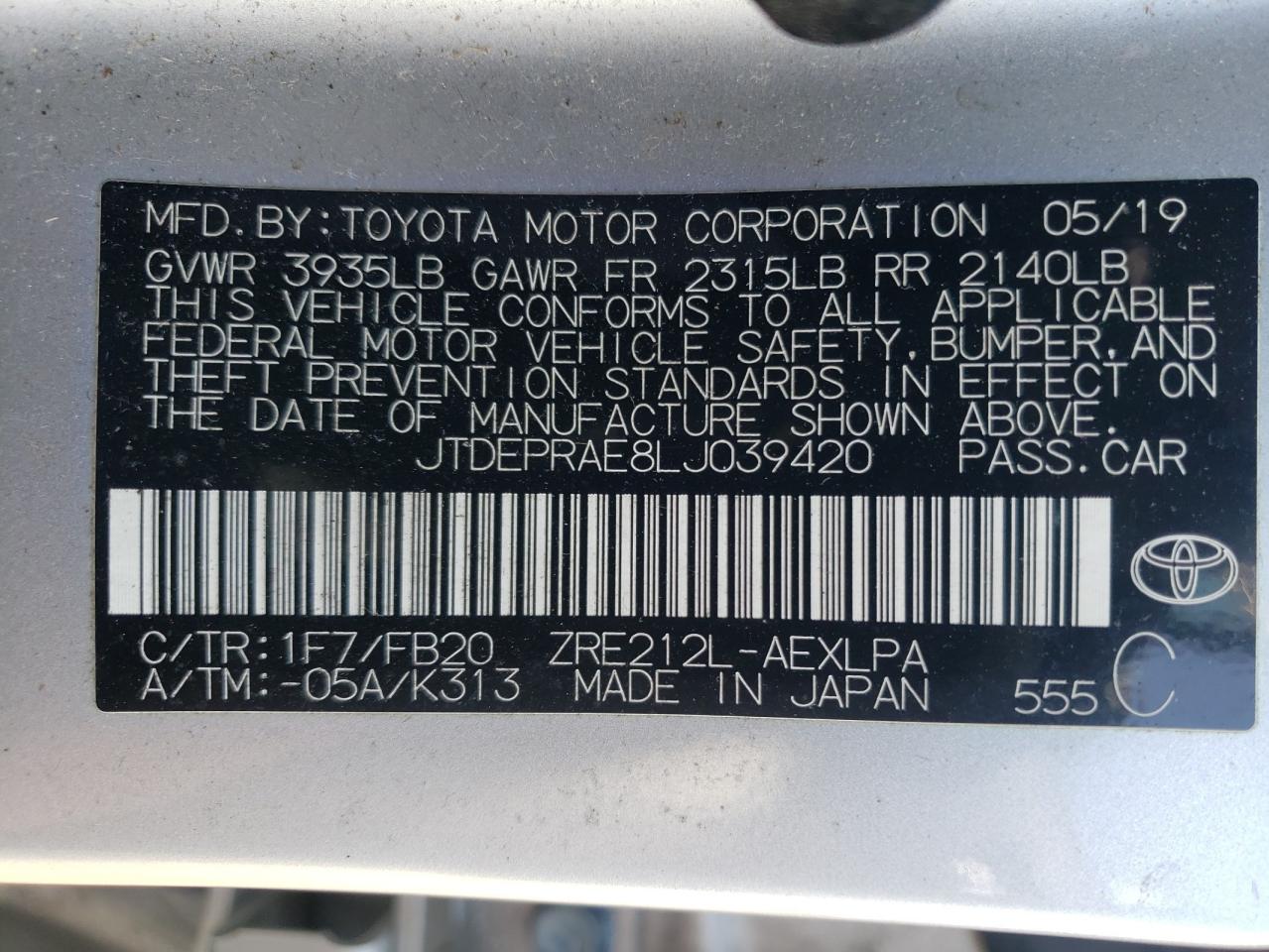 Lot #2979247968 2020 TOYOTA COROLLA LE