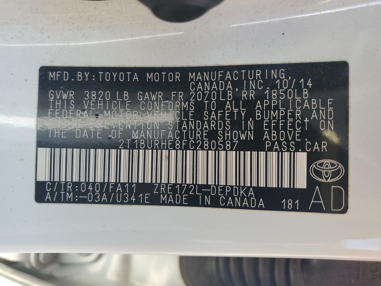 Lot #2994432058 2015 TOYOTA COROLLA L