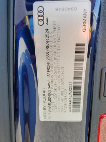 2018 AUDI S4 PRESTIG WAUC4AF43JA002321