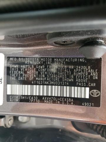 VIN 4T1G31AK3MU031314 2021 Toyota Camry, SE no.12