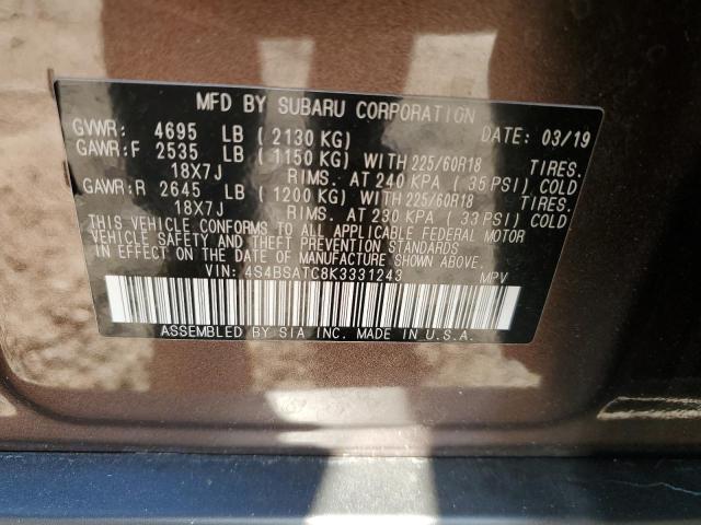 2019 SUBARU OUTBACK TO - 4S4BSATC8K3331243