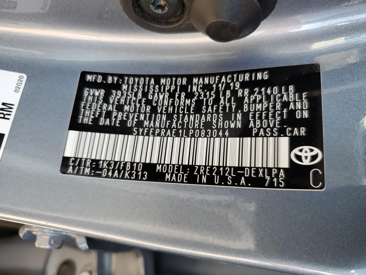 Lot #2989217682 2020 TOYOTA COROLLA LE