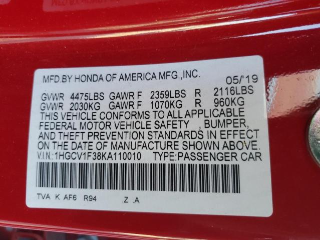 2019 HONDA ACCORD SPO - 1HGCV1F38KA110010