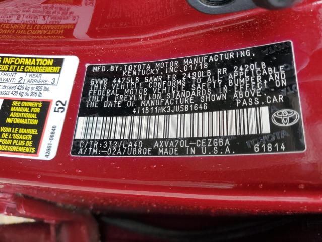 VIN 4T1B11HK3JU581646 2018 Toyota Camry, L no.12