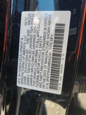 2021 HONDA PILOT TOUR - 5FNYF5H92MB042243