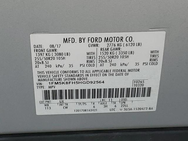 2017 FORD EXPLORER L - 1FM5K8FH5HGD92564