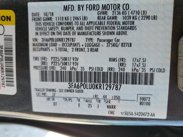 2019 FORD FUSION SE - 3FA6P0LU0KR129787